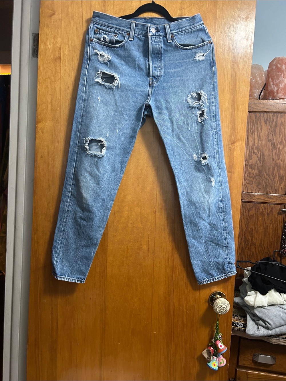 Levis wedgie button fly high rise distressed denim